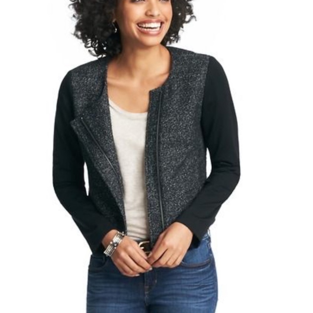 NEW Ann Taylor LOFT Women’s Tweed/Ponte‎ Full-Zip Moto Jacket Size 4 Black/White